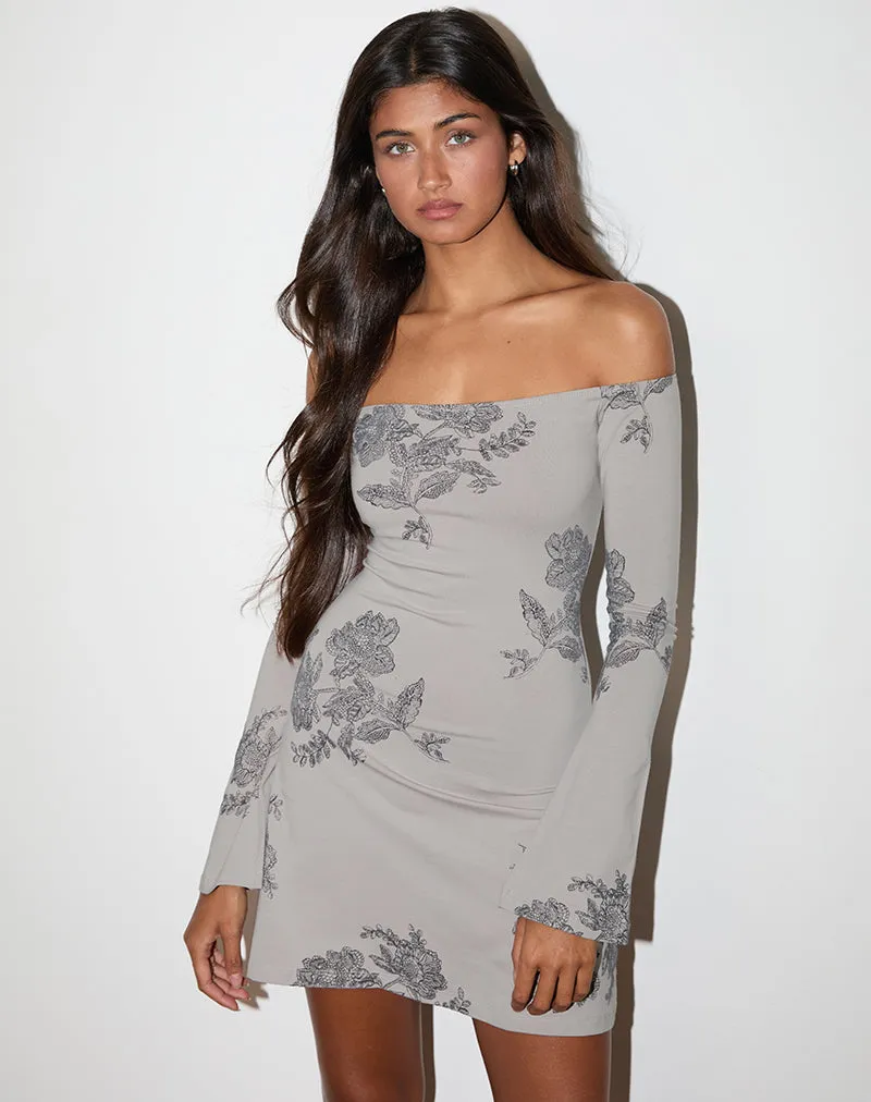 Kausar Off Shoulder Mini Dress in Lace Flower Grey