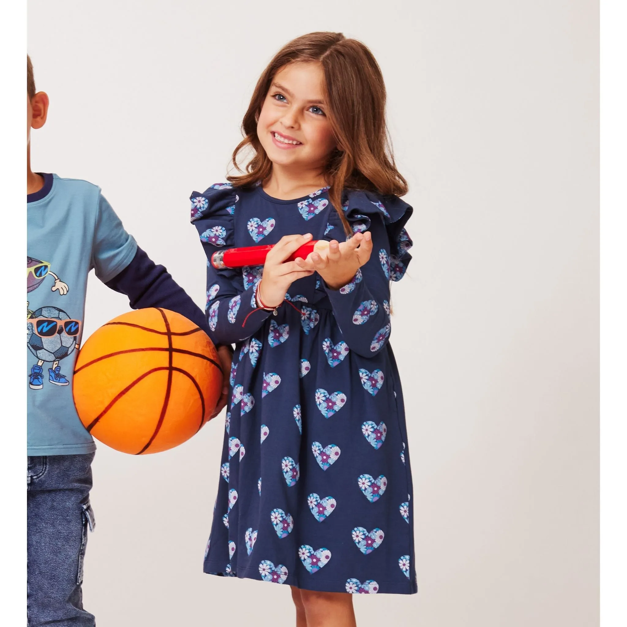 Kids (2-6x) Navy Heather Printed Jersey Dress | Floral Hearts