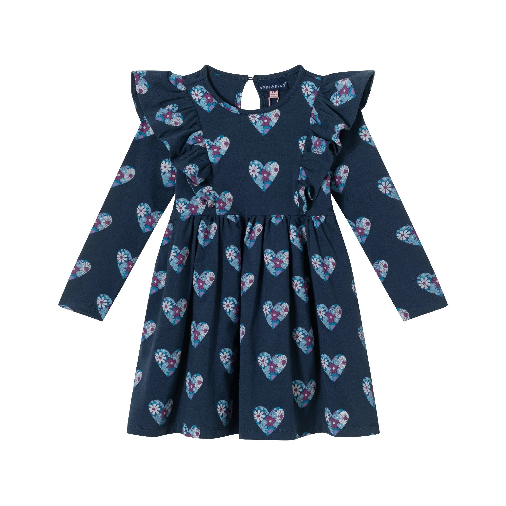 Kids (2-6x) Navy Heather Printed Jersey Dress | Floral Hearts