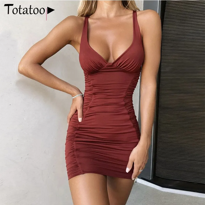 Lace Up V Neck Ruched Bodycon Mini Dress