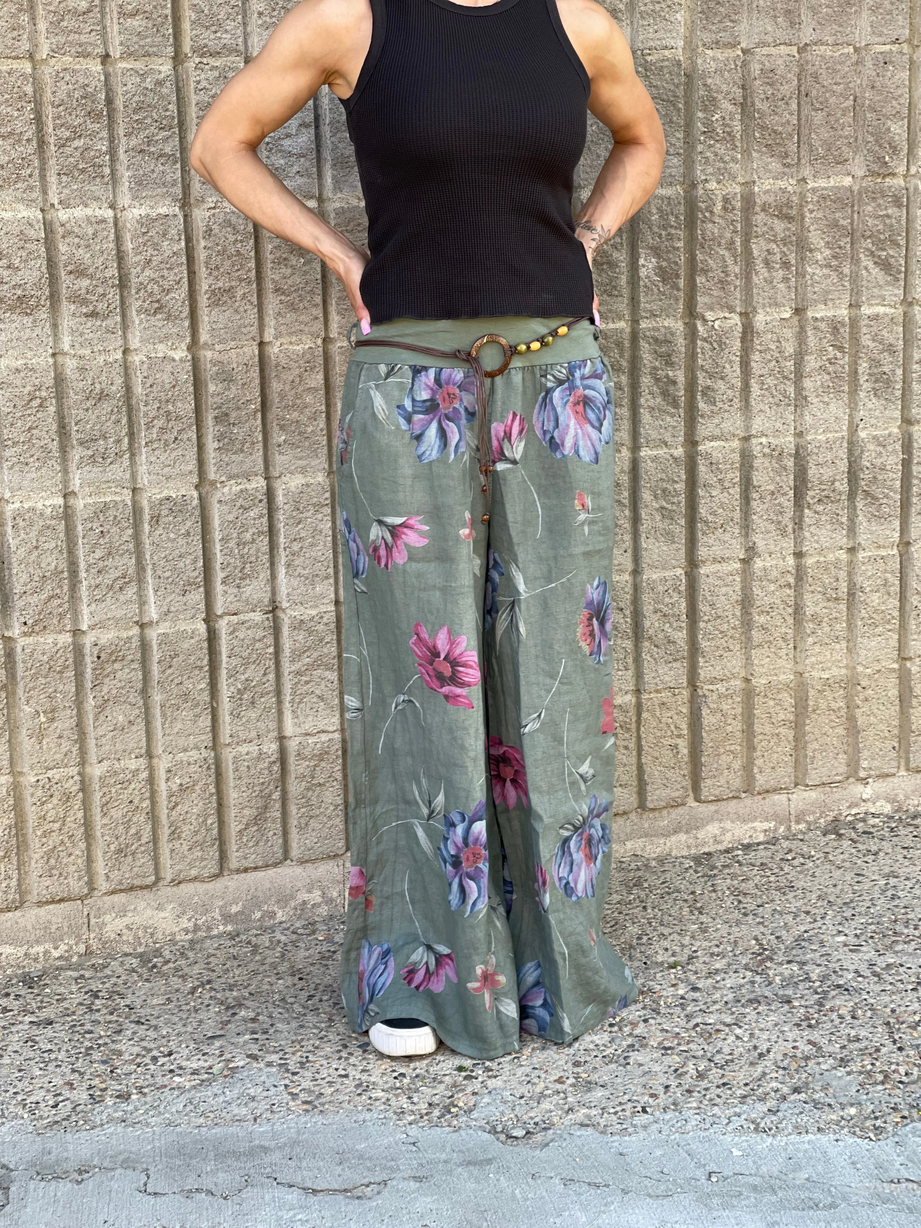 Linen Belted Floral Pants