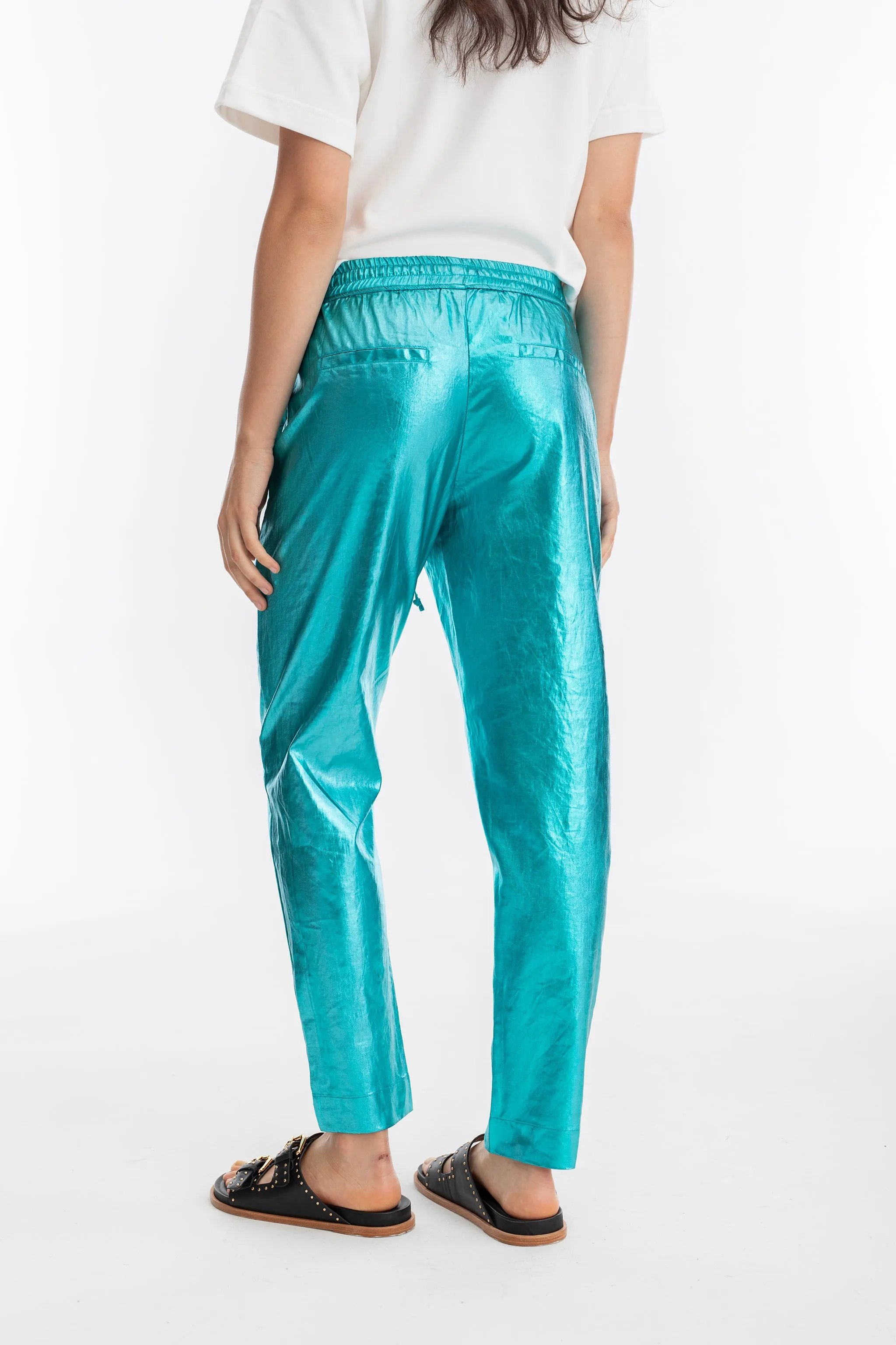 Lotus Metallic Linen Jogger Pants - Turquoise