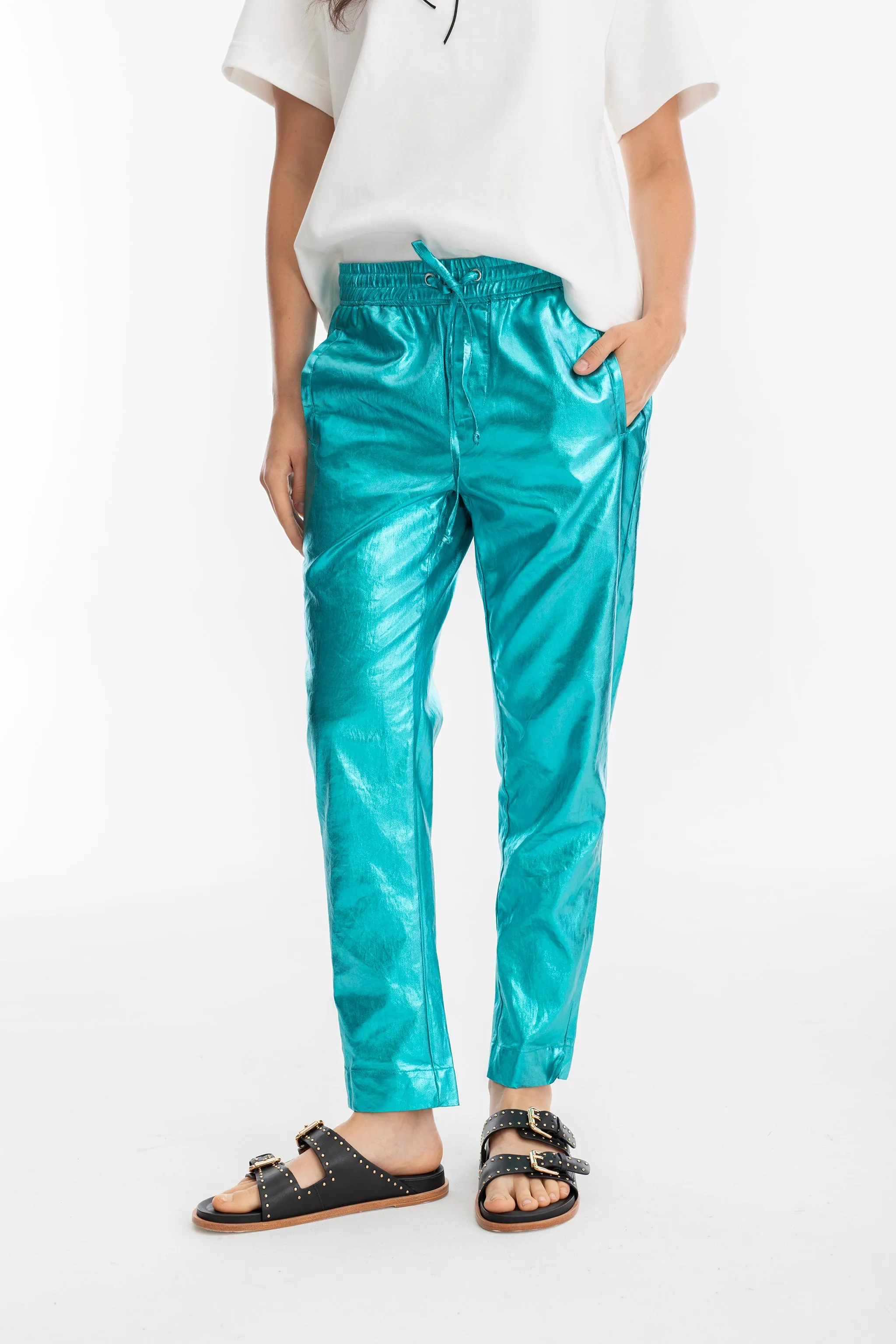 Lotus Metallic Linen Jogger Pants - Turquoise