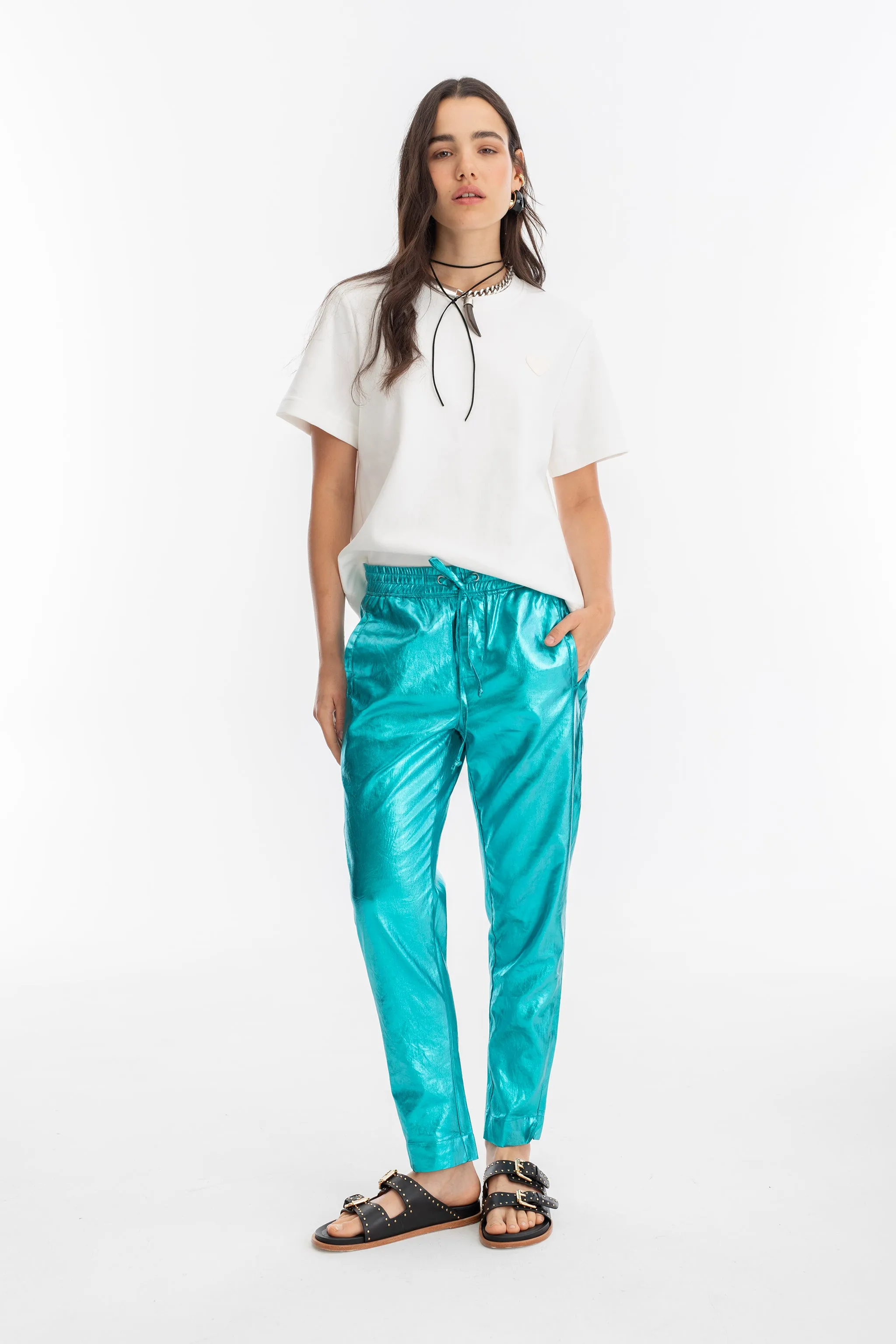 Lotus Metallic Linen Jogger Pants - Turquoise