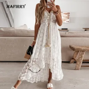 MAFIRRY Masterful Sleeveless Spaghetti Strap Lace Midi Dress