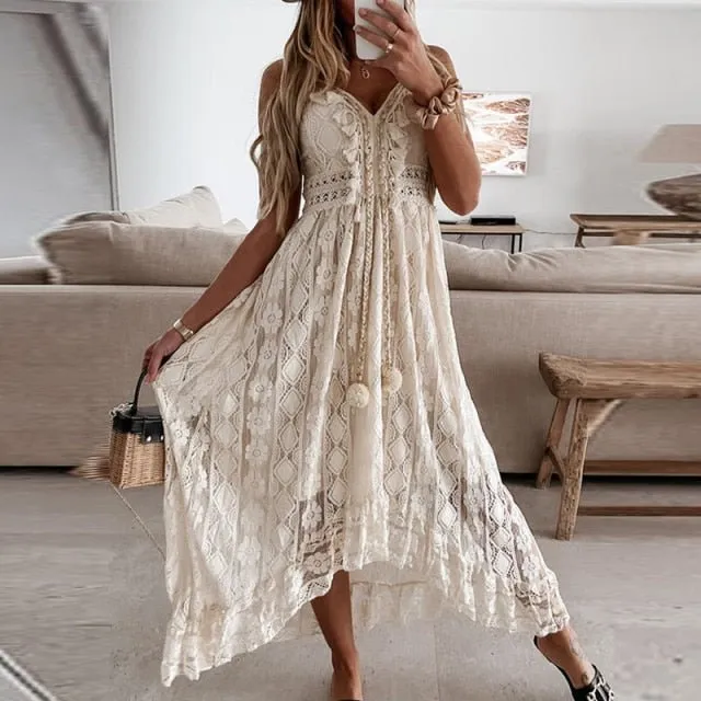 MAFIRRY Masterful Sleeveless Spaghetti Strap Lace Midi Dress