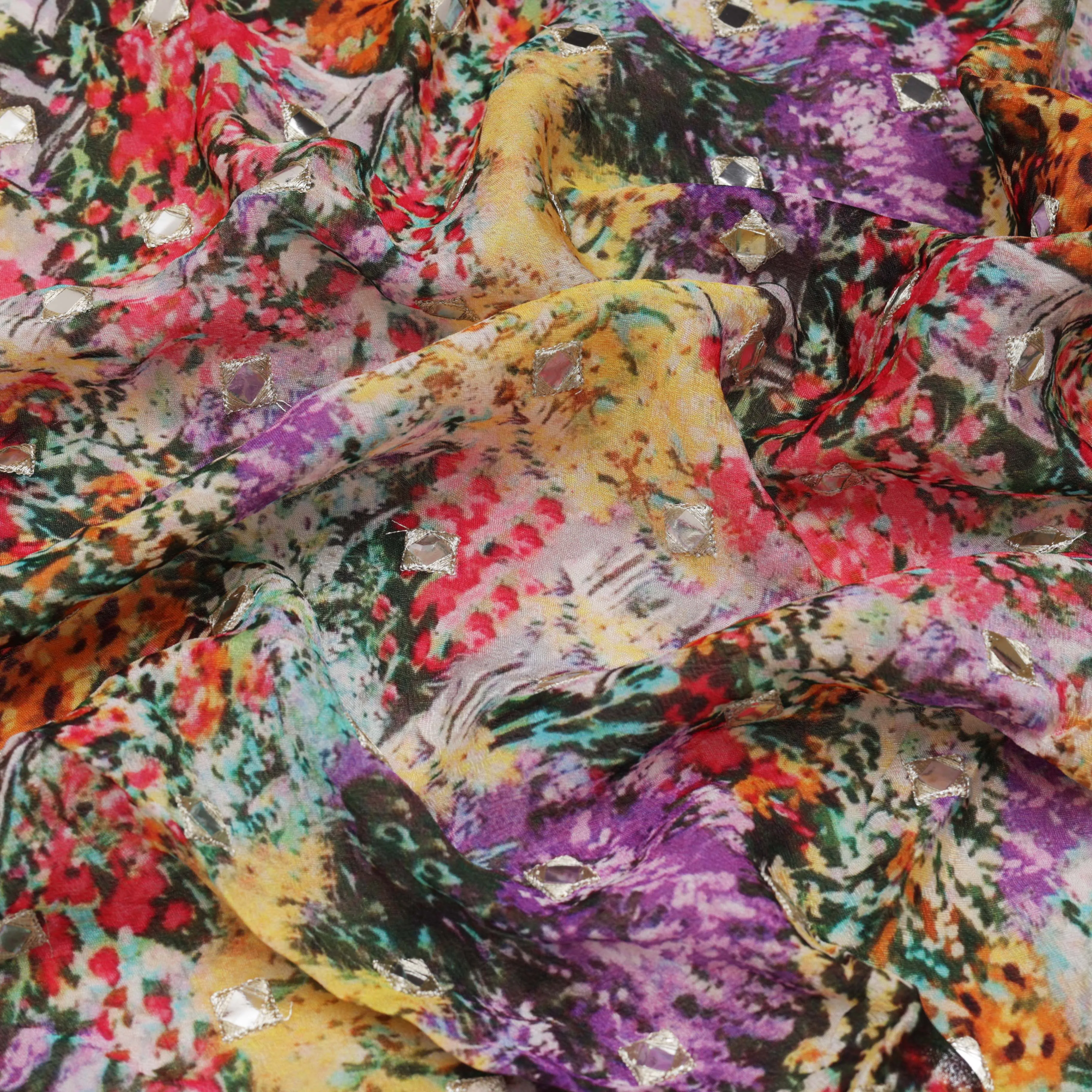 Multicolored Chinon Chiffon Print Mirror Work Fabric