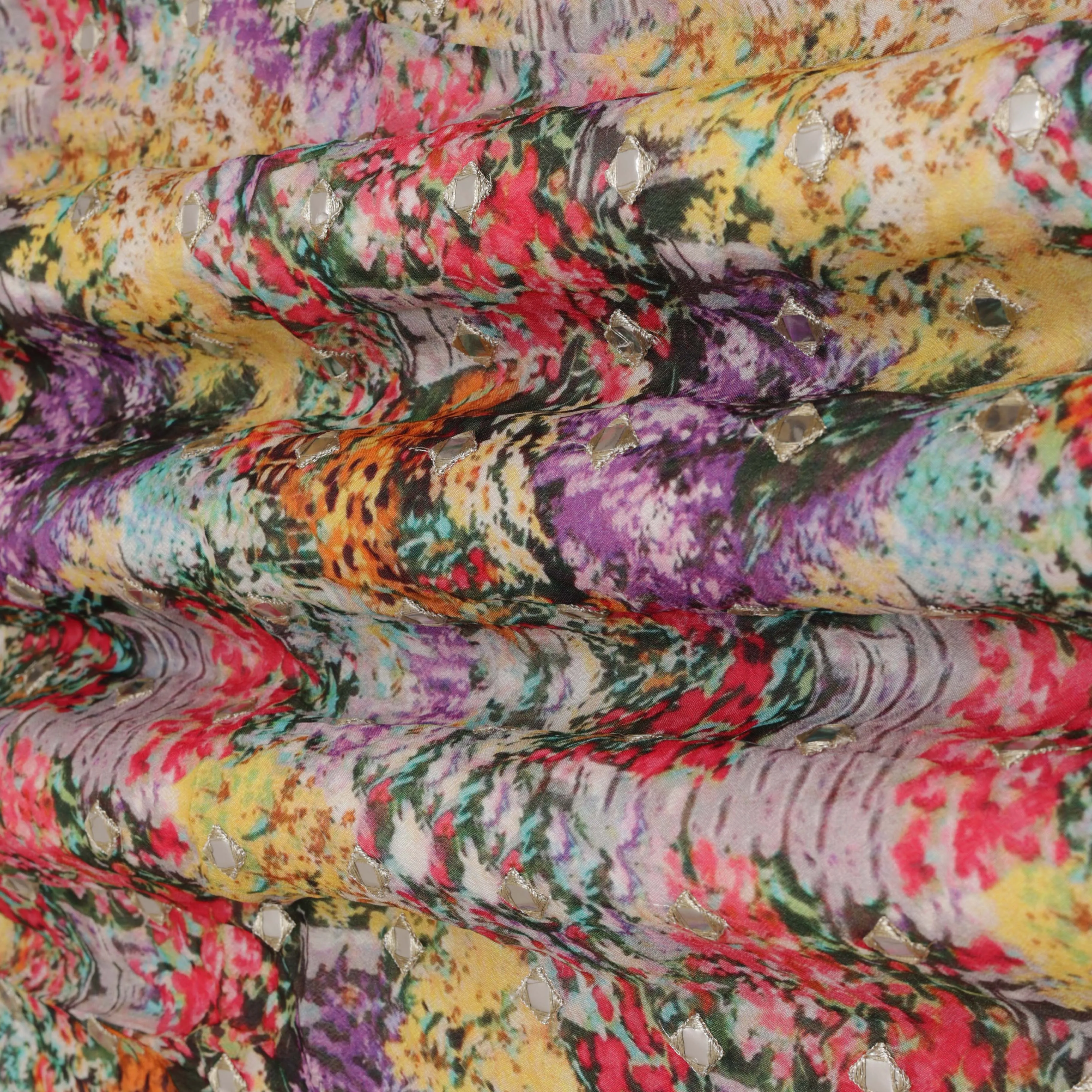 Multicolored Chinon Chiffon Print Mirror Work Fabric