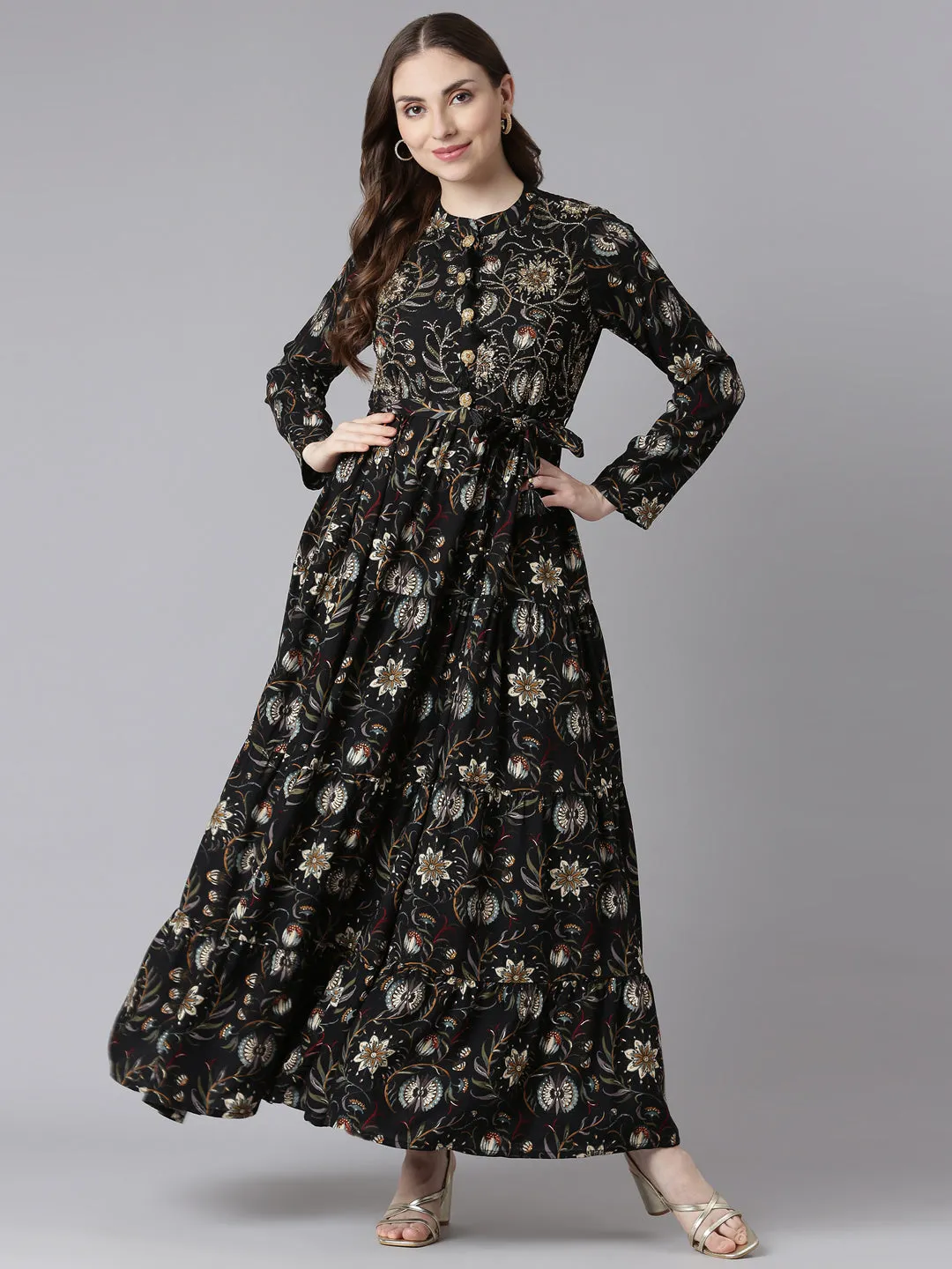 Neerus Black Viscose Rayon Curved Casual Floral Maxi Dresses.