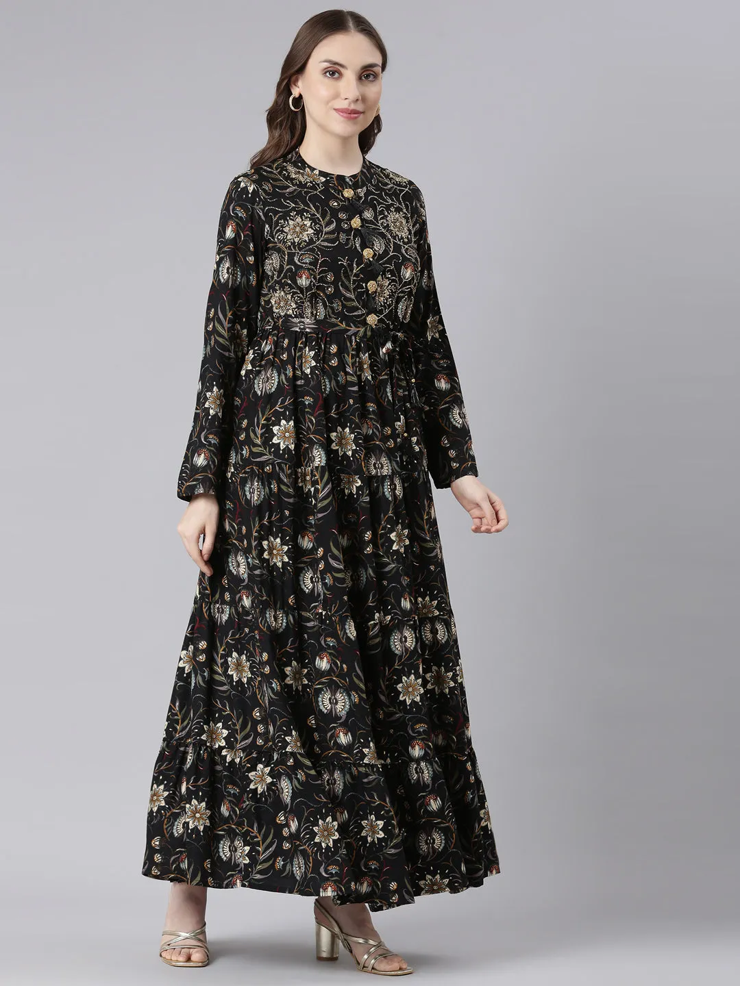 Neerus Black Viscose Rayon Curved Casual Floral Maxi Dresses.