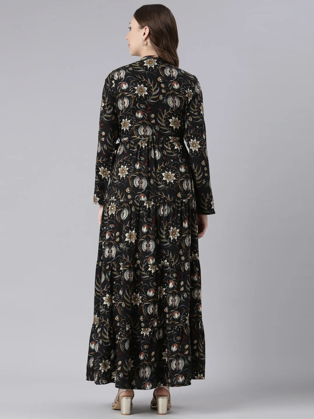 Neerus Black Viscose Rayon Curved Casual Floral Maxi Dresses.