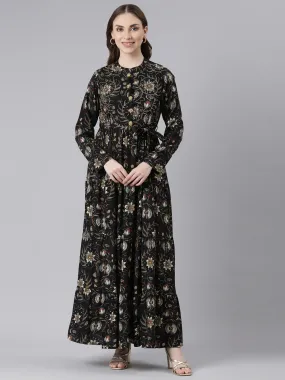 Neerus Black Viscose Rayon Curved Casual Floral Maxi Dresses.