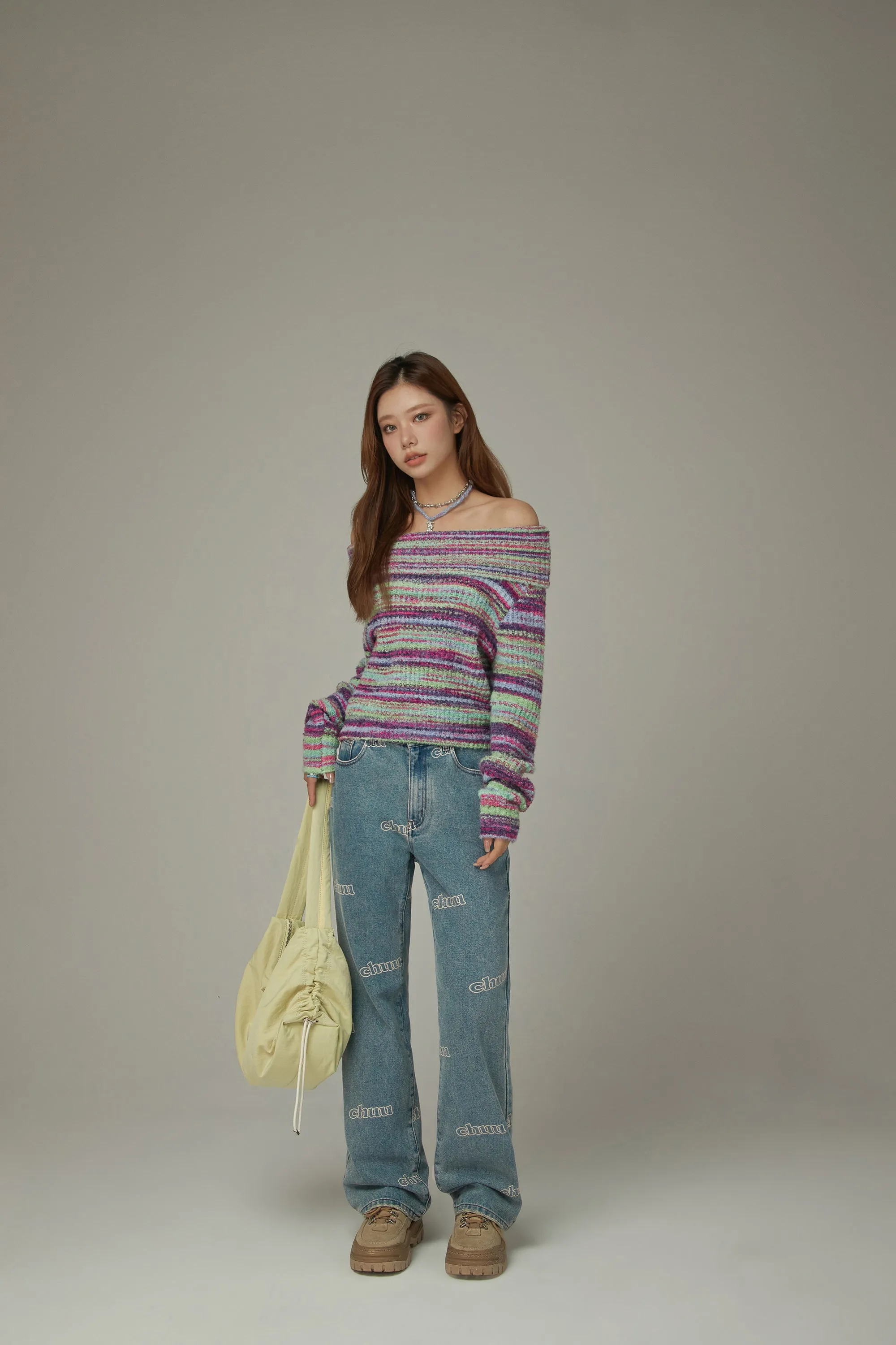 Off-Shoulder Color Stripe Knit Sweater