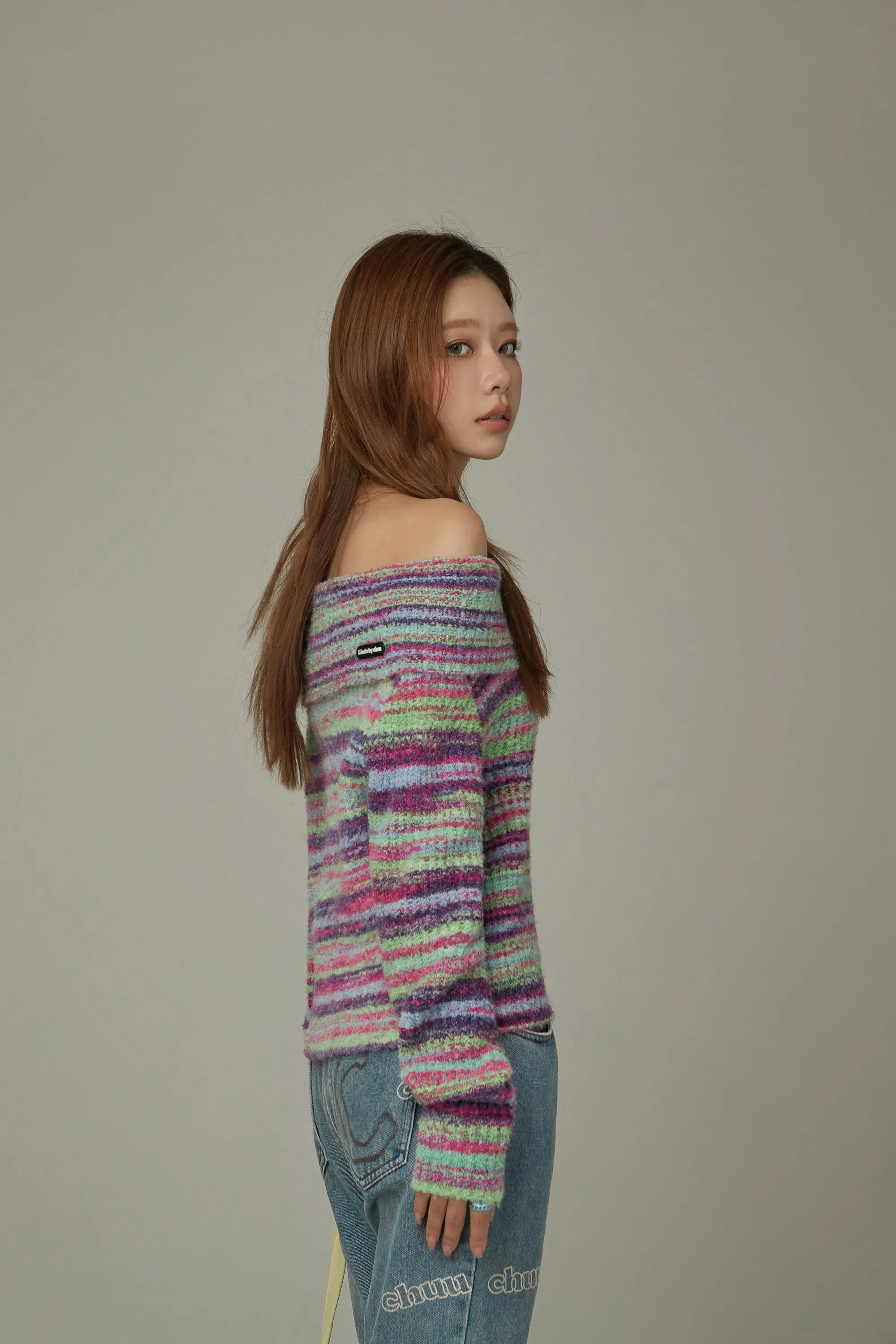 Off-Shoulder Color Stripe Knit Sweater