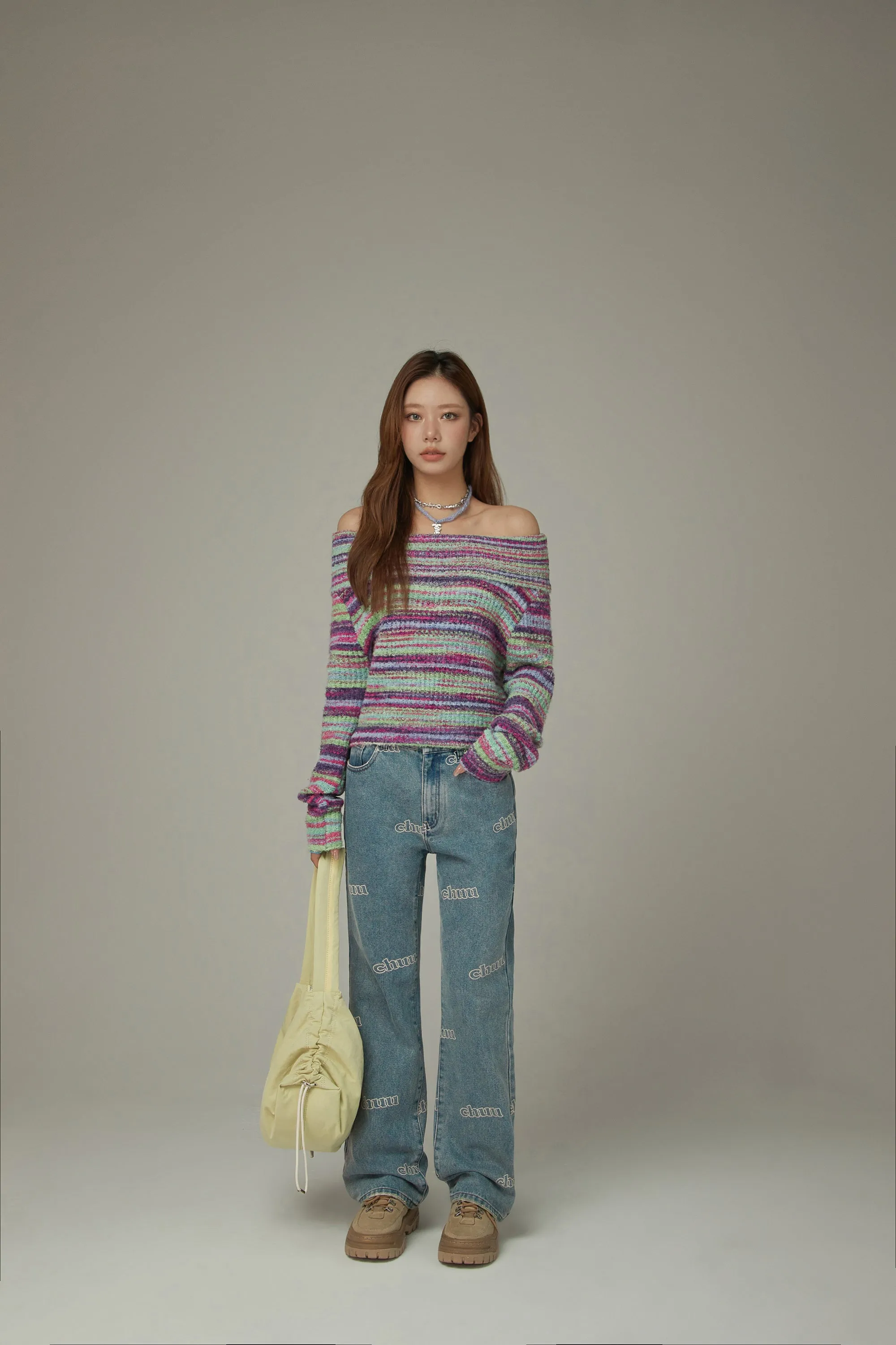 Off-Shoulder Color Stripe Knit Sweater