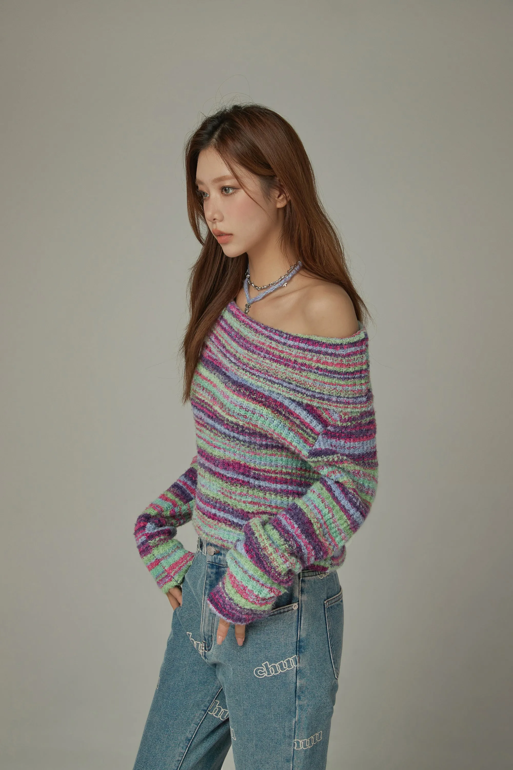 Off-Shoulder Color Stripe Knit Sweater