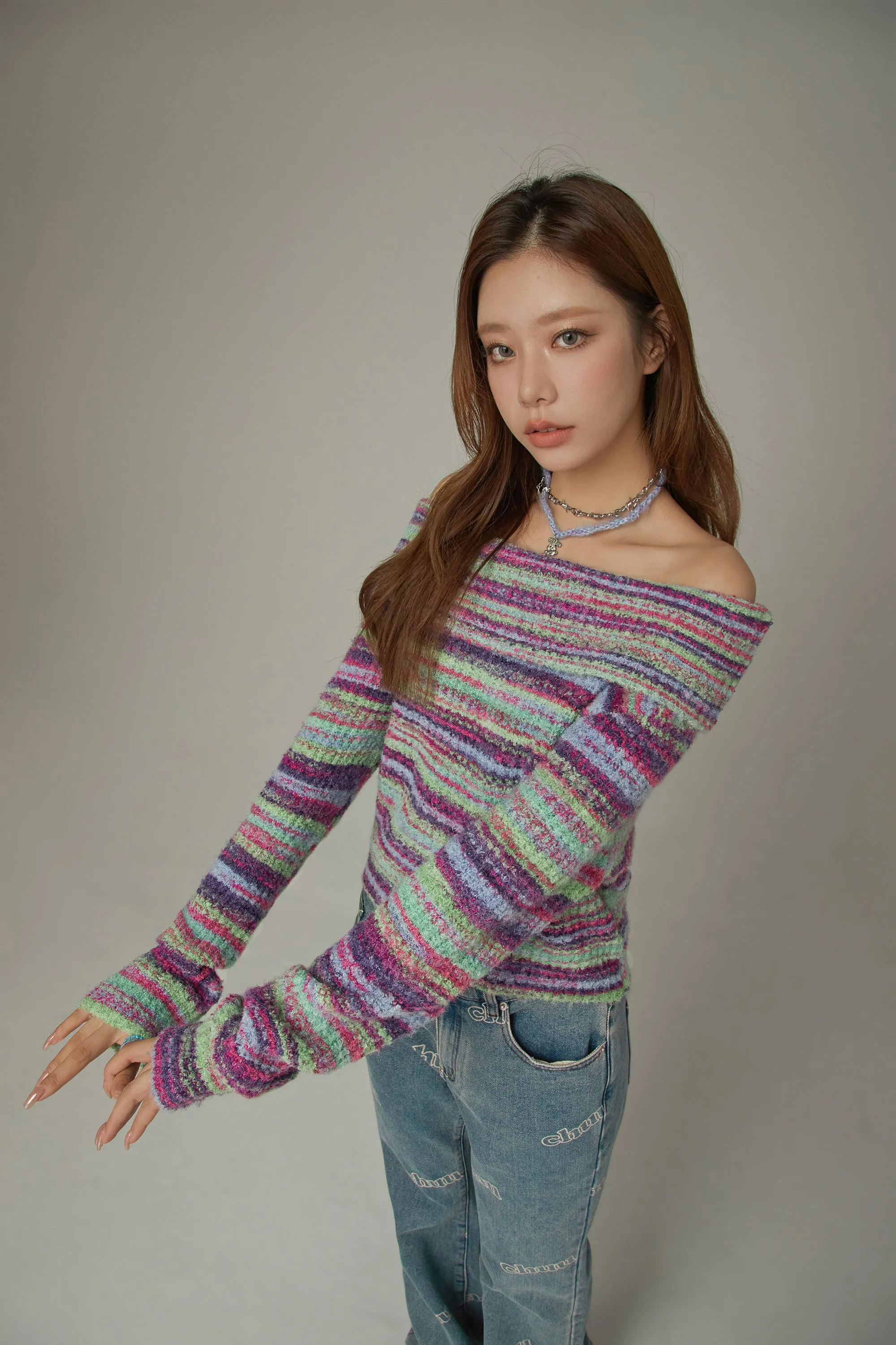 Off-Shoulder Color Stripe Knit Sweater