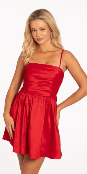 Shirred Taffeta Square Neck Bow Back Fit and Flare Dress