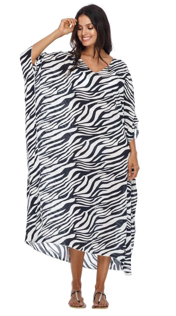 SHU-SHI Women's Long Beach Zebra Caftan Tunic Dress - Swimsuit Cover-Up Loose Poncho