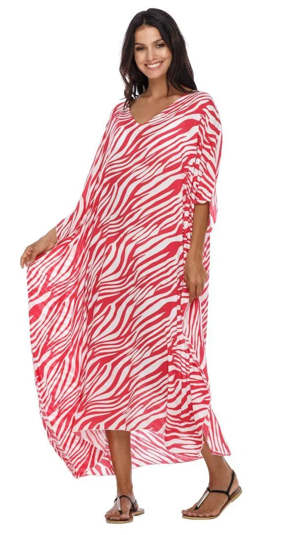 SHU-SHI Women's Long Beach Zebra Caftan Tunic Dress - Swimsuit Cover-Up Loose Poncho