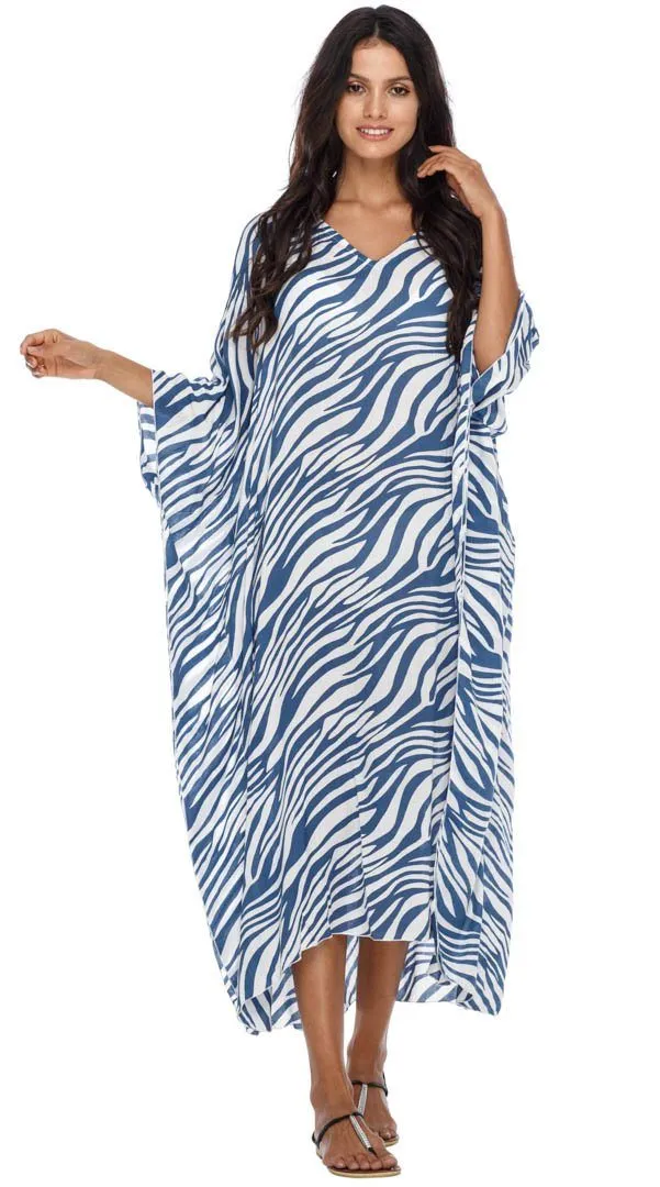 SHU-SHI Women's Long Beach Zebra Caftan Tunic Dress - Swimsuit Cover-Up Loose Poncho