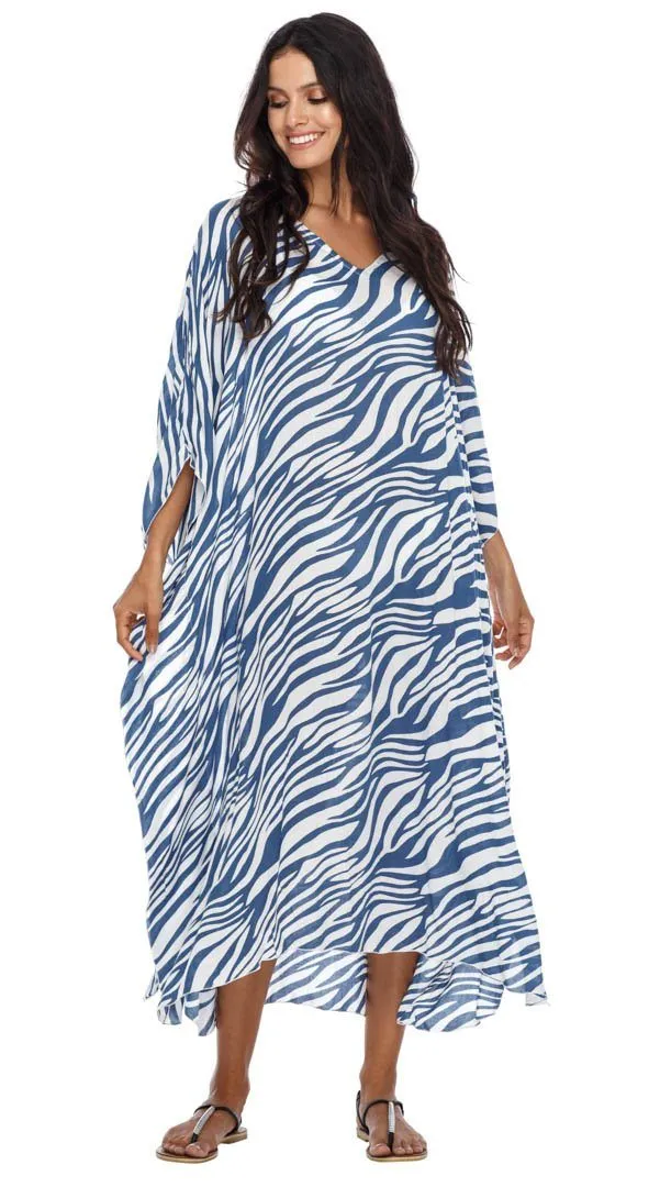 SHU-SHI Women's Long Beach Zebra Caftan Tunic Dress - Swimsuit Cover-Up Loose Poncho