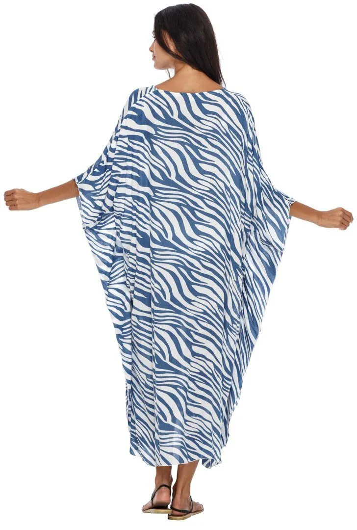 SHU-SHI Women's Long Beach Zebra Caftan Tunic Dress - Swimsuit Cover-Up Loose Poncho