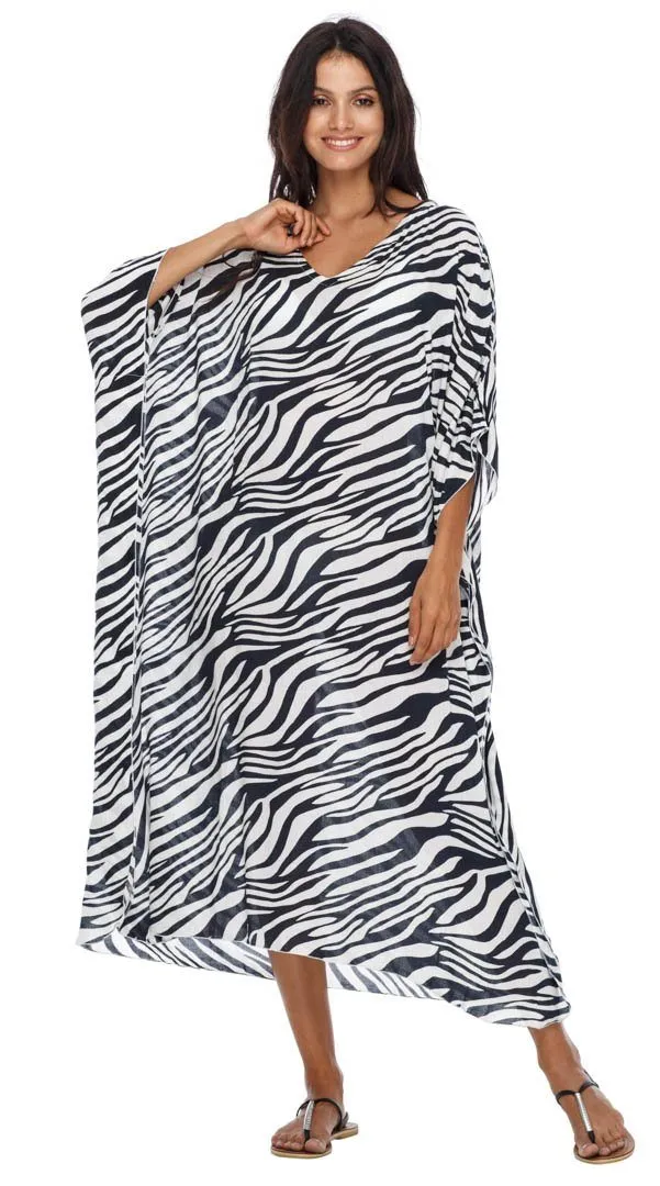 SHU-SHI Women's Long Beach Zebra Caftan Tunic Dress - Swimsuit Cover-Up Loose Poncho