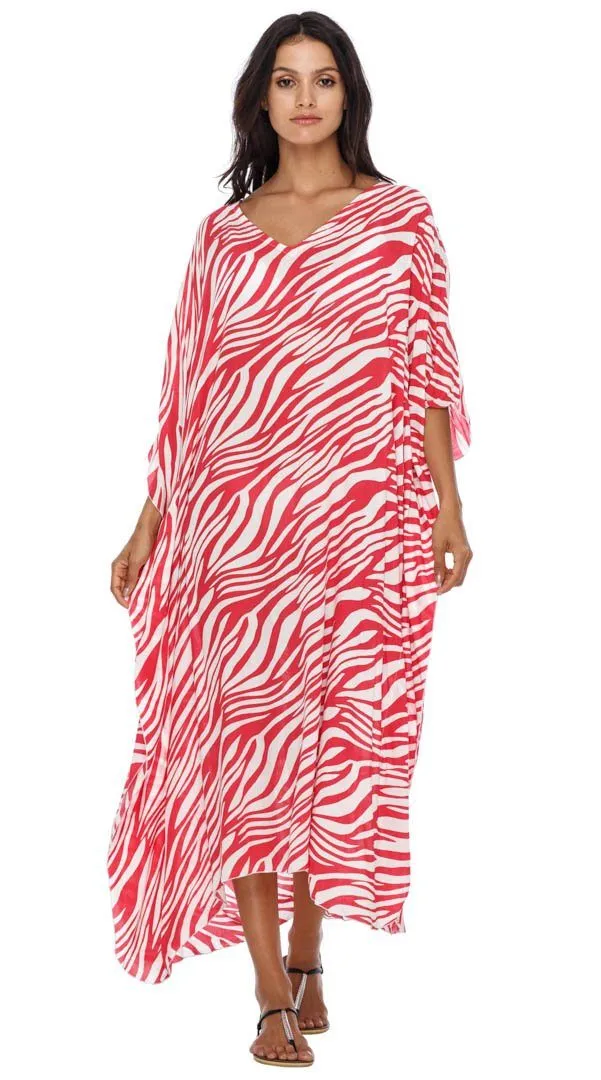 SHU-SHI Women's Long Beach Zebra Caftan Tunic Dress - Swimsuit Cover-Up Loose Poncho