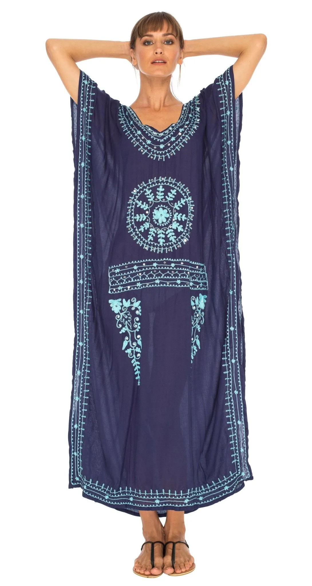 SHU-SHI Women's Long Kaftan Beach Dress - Ethnic Mandala Print Maxi Cover-Up