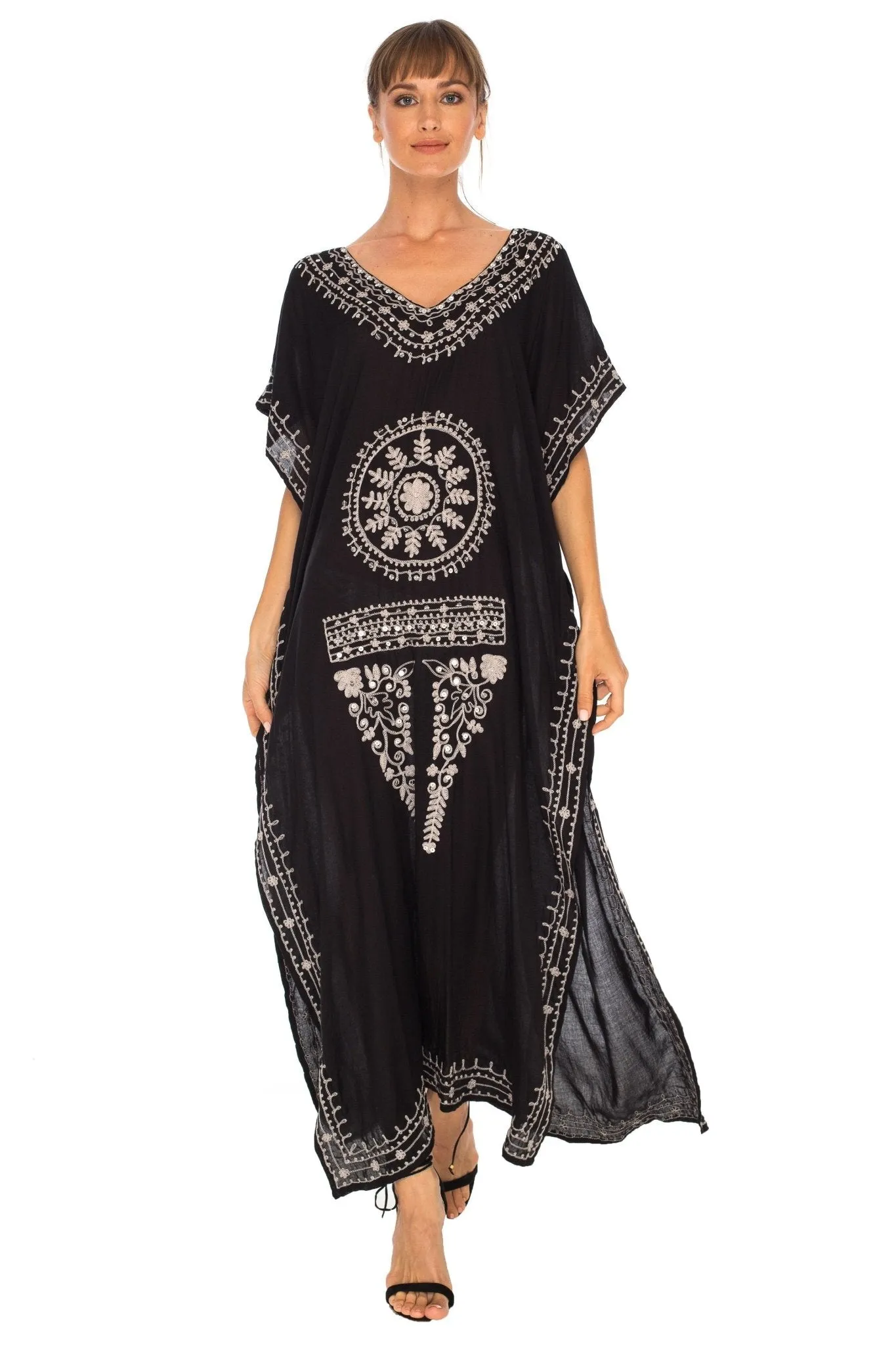 SHU-SHI Women's Long Kaftan Beach Dress - Ethnic Mandala Print Maxi Cover-Up