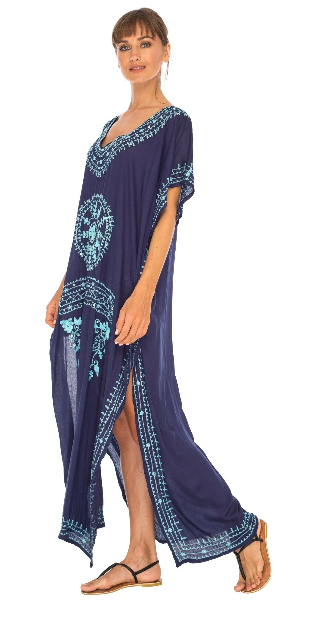 SHU-SHI Women's Long Kaftan Beach Dress - Ethnic Mandala Print Maxi Cover-Up