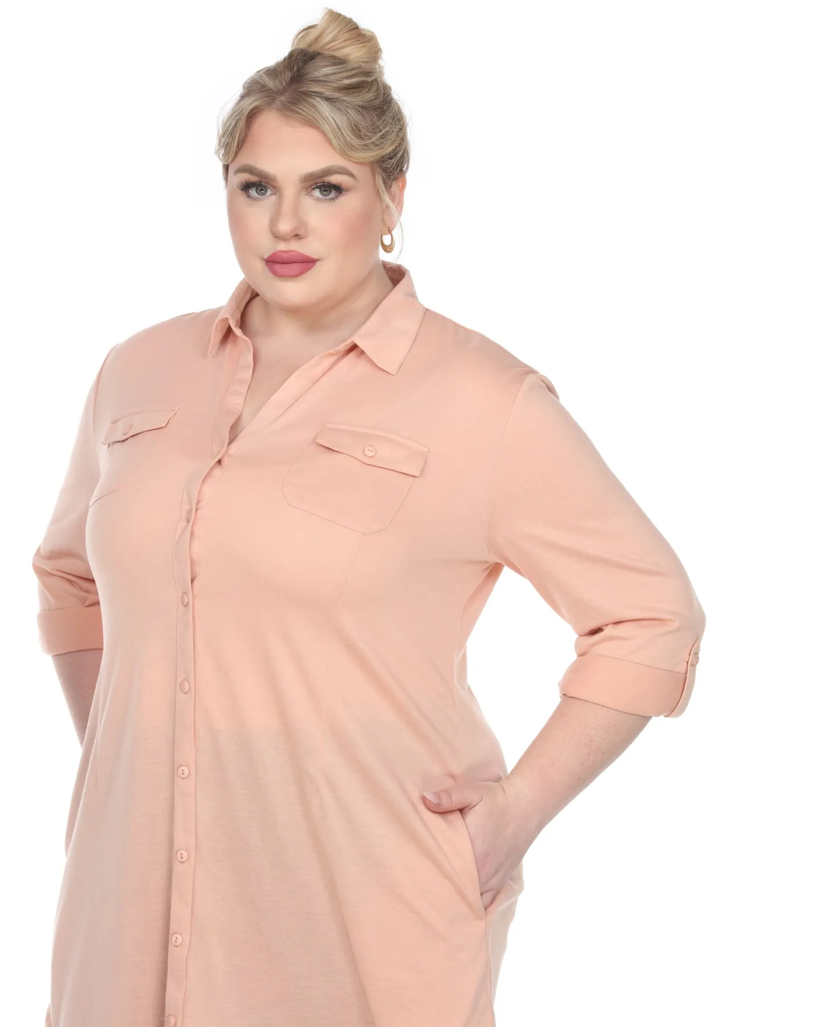 Stretchy Button Down Tunic Top | Dusty Pink