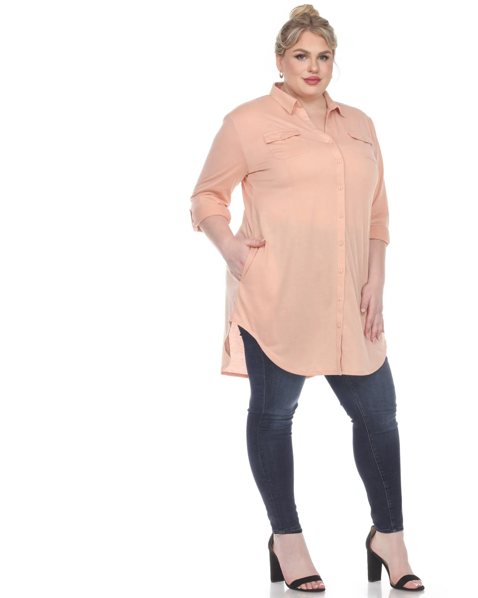 Stretchy Button Down Tunic Top | Dusty Pink