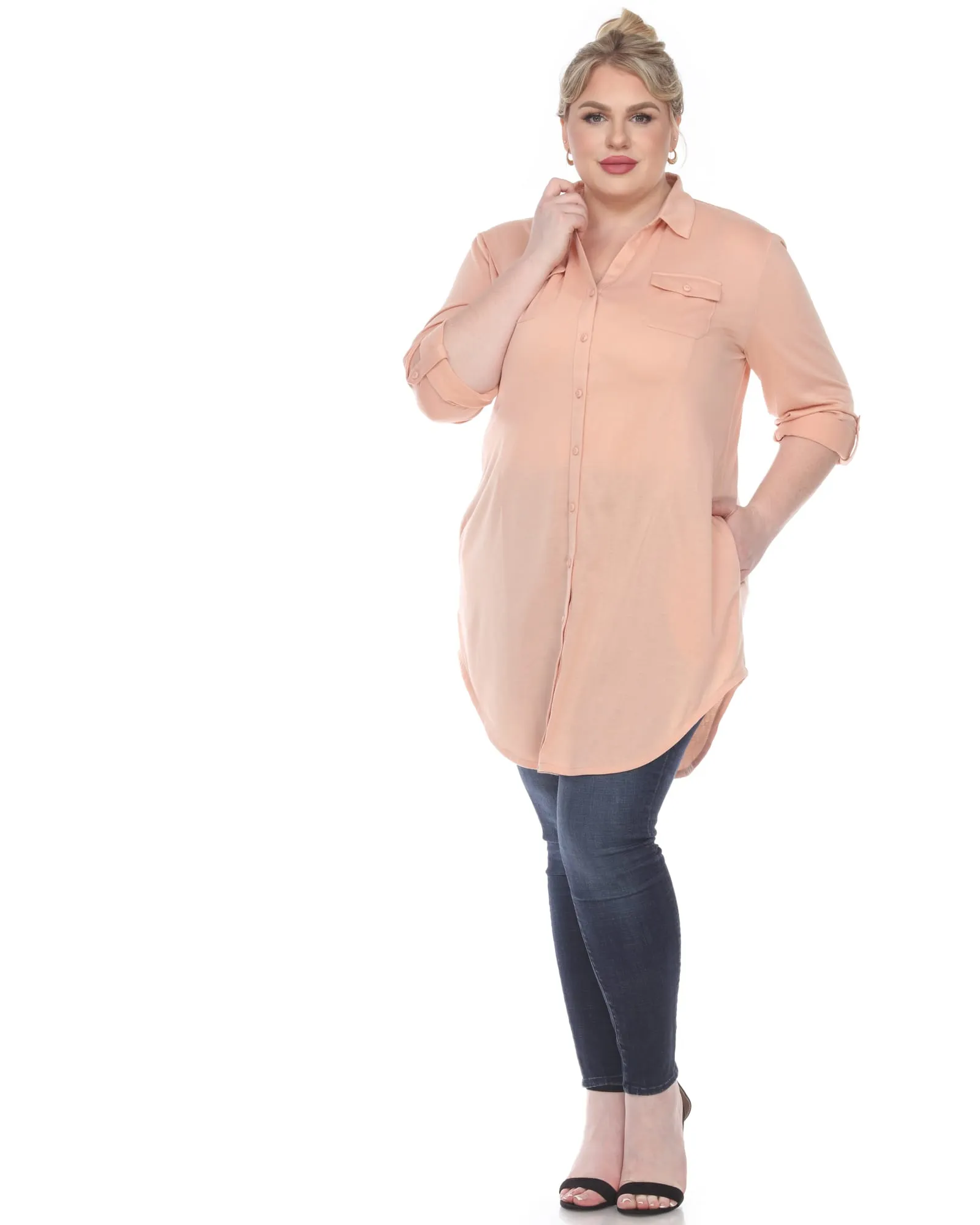 Stretchy Button Down Tunic Top | Dusty Pink