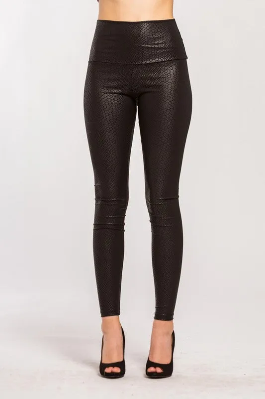 Stretchy Snakeskin Pleather Leggings - Black