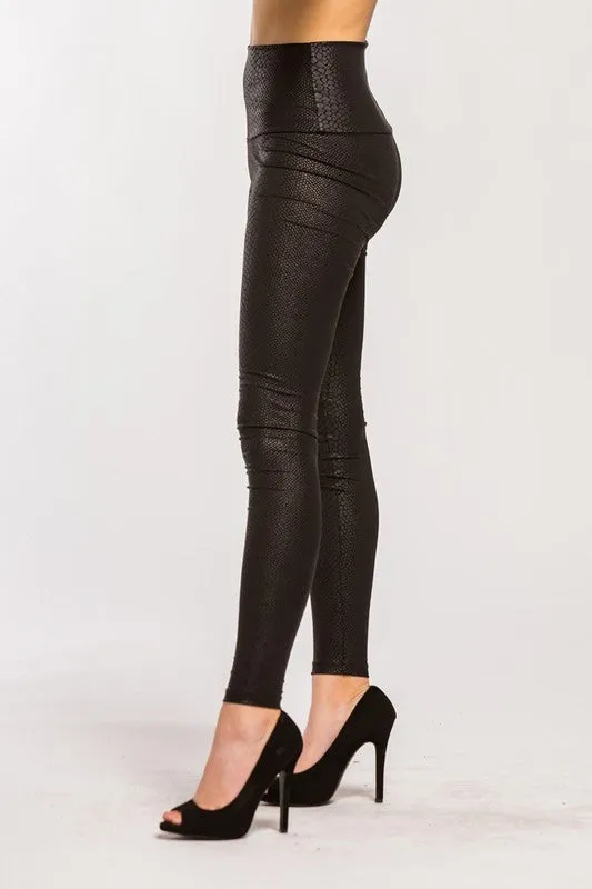 Stretchy Snakeskin Pleather Leggings - Black