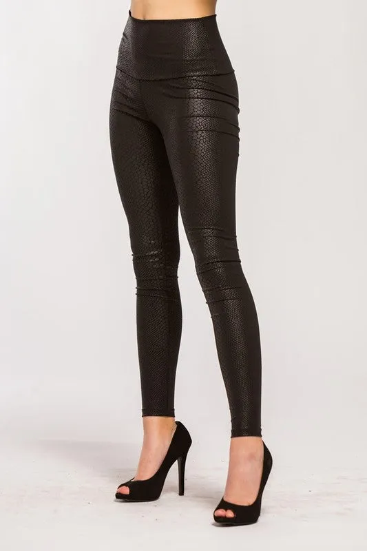 Stretchy Snakeskin Pleather Leggings - Black