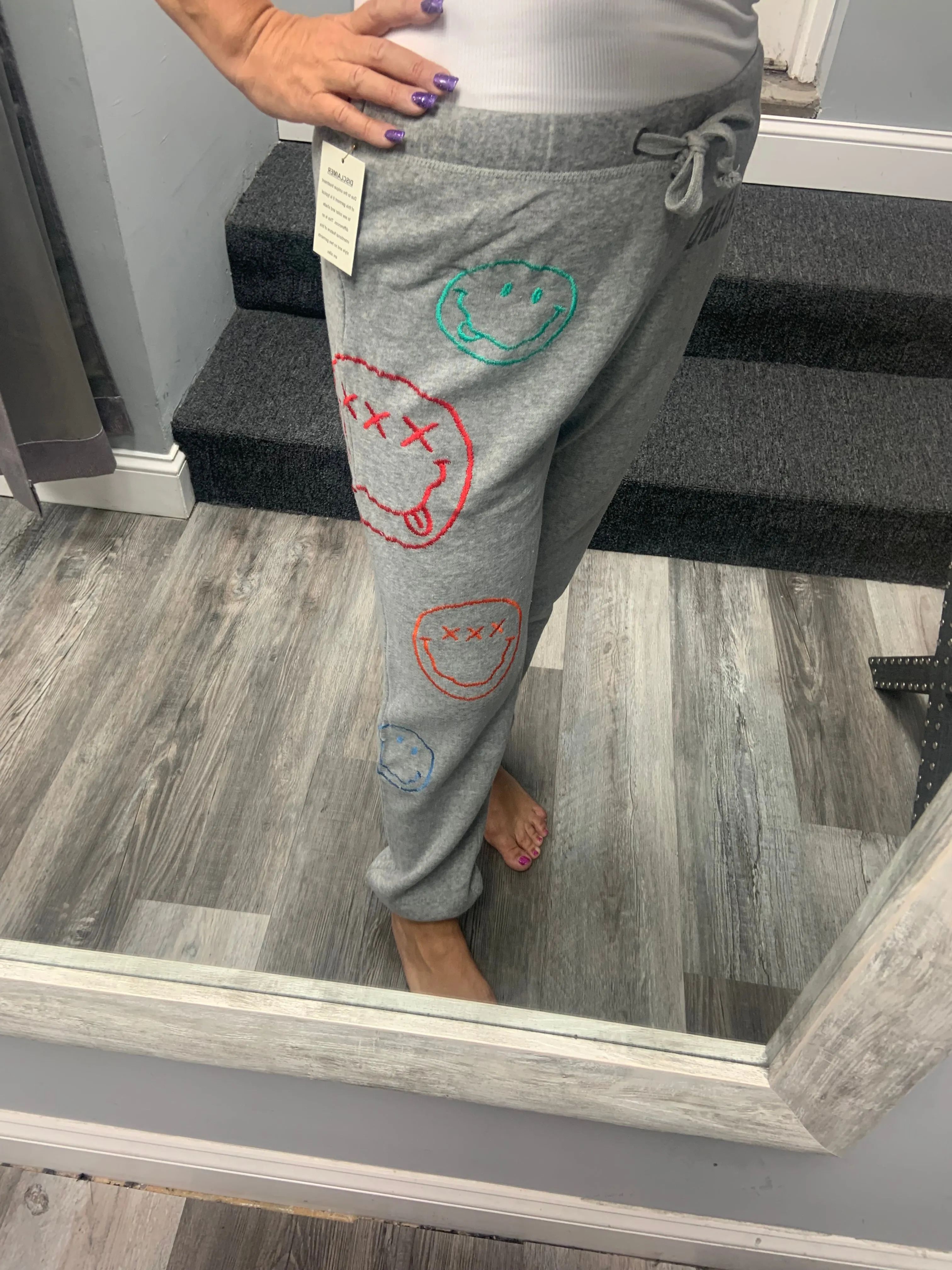 VINTAGE HAVANA HEATHER GREY BURNOUT FLEECE JOGGERS W/ SMILEY EMBROIDERY