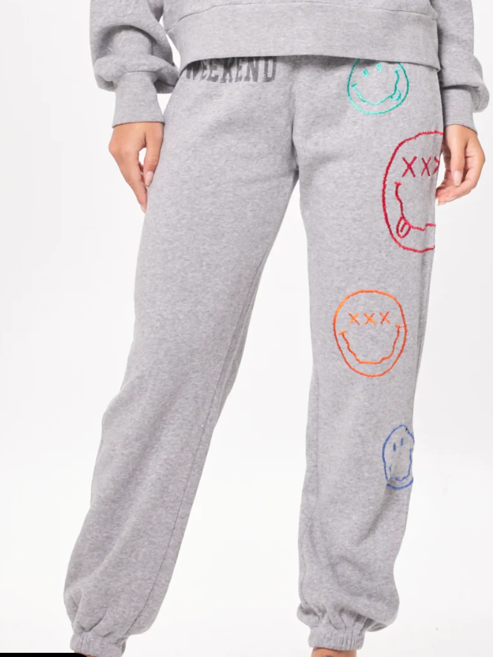 VINTAGE HAVANA HEATHER GREY BURNOUT FLEECE JOGGERS W/ SMILEY EMBROIDERY