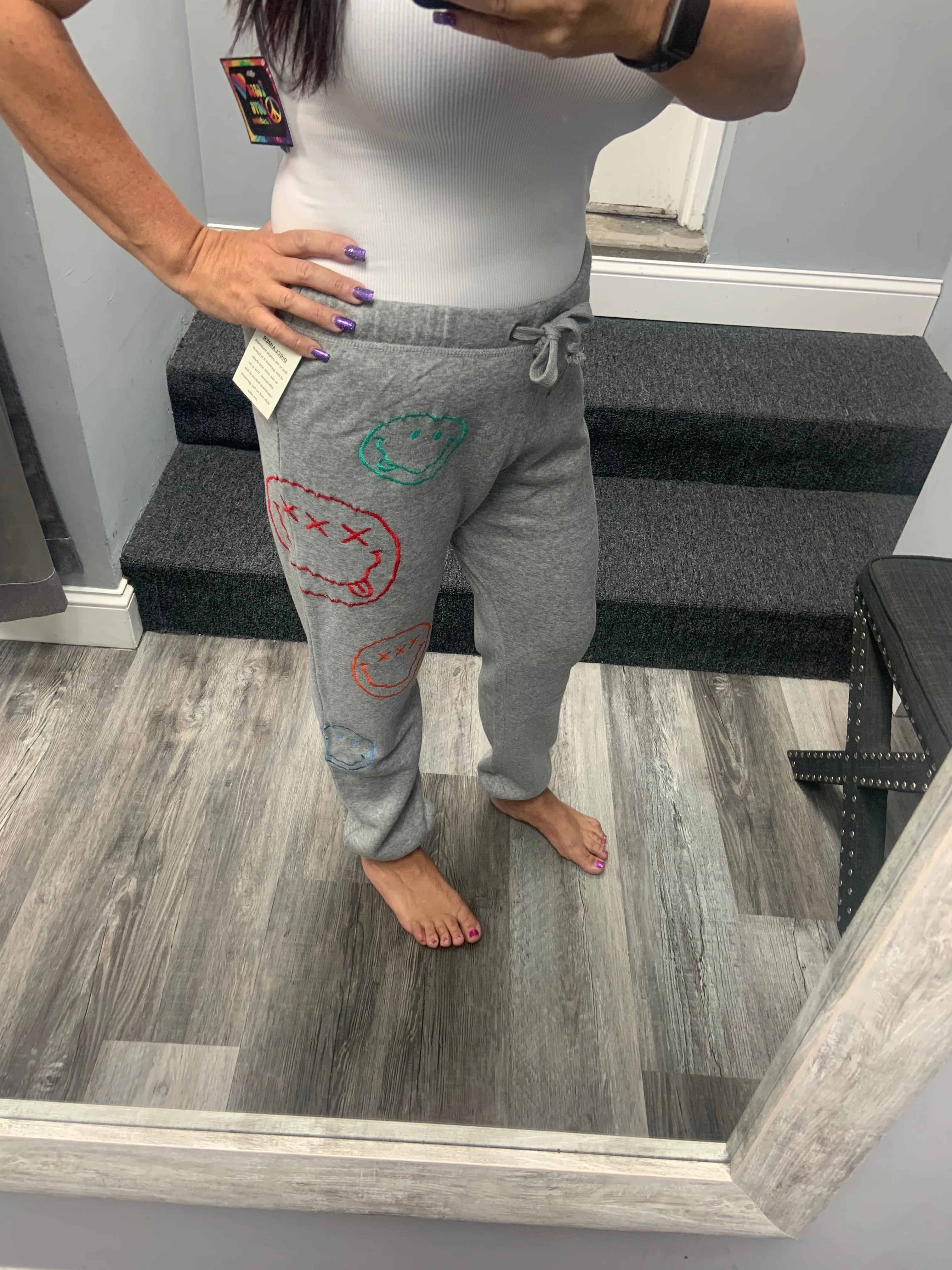 VINTAGE HAVANA HEATHER GREY BURNOUT FLEECE JOGGERS W/ SMILEY EMBROIDERY