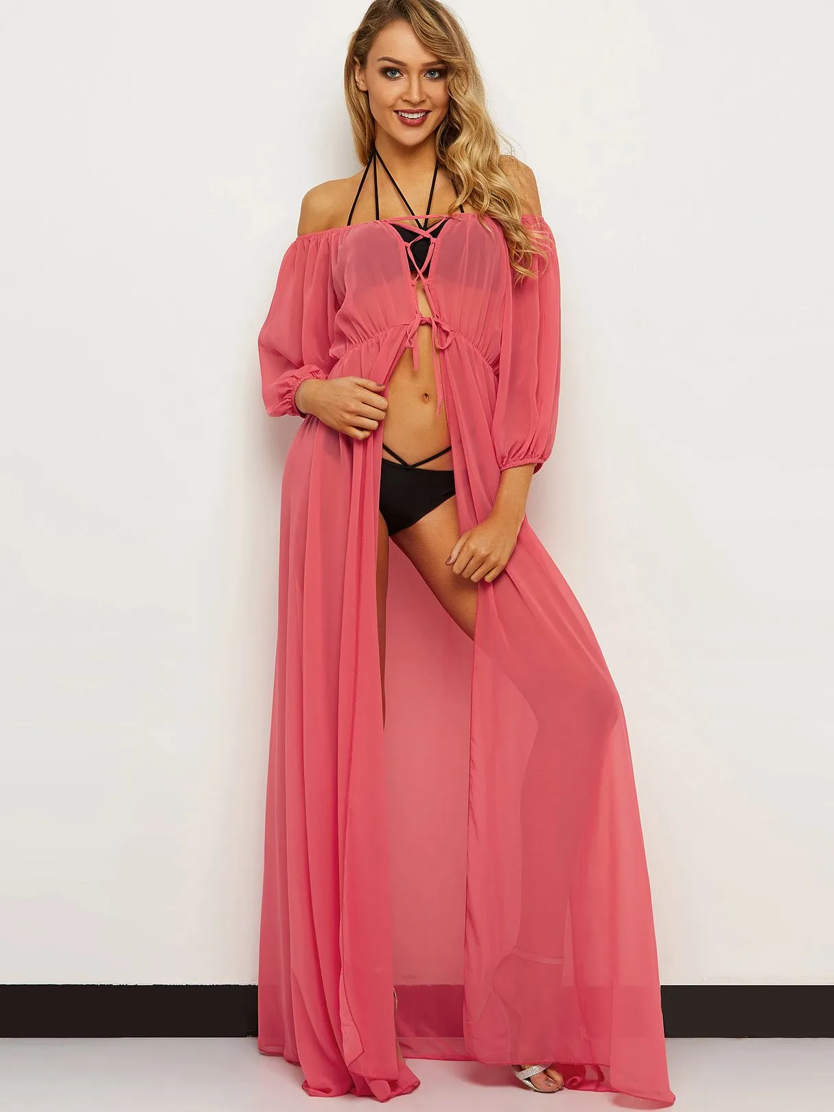 Wholesale Off The Shoulder Long Sleeve Plain Lace-Up Semi Sheer Beach Dresses