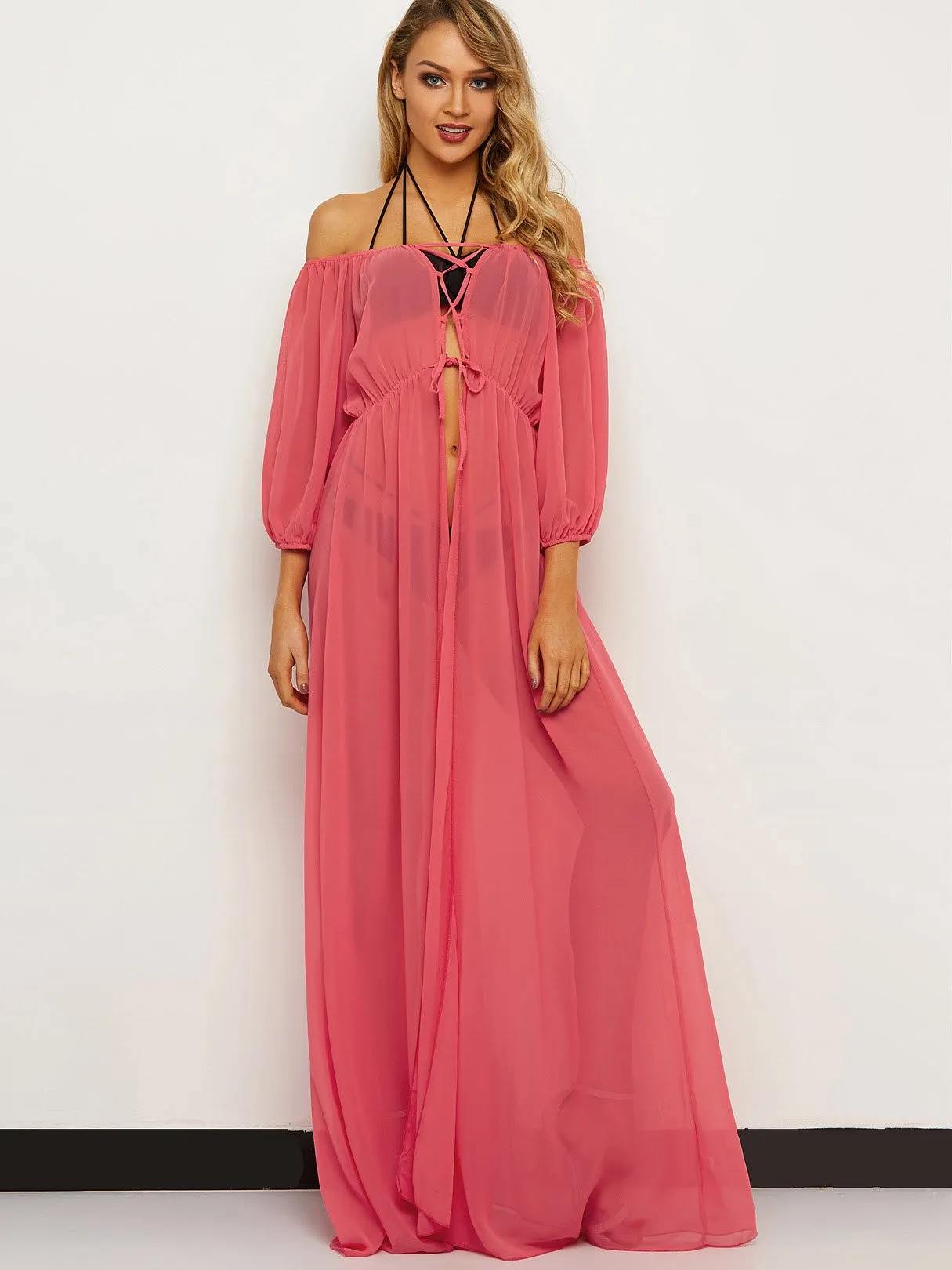 Wholesale Off The Shoulder Long Sleeve Plain Lace-Up Semi Sheer Beach Dresses