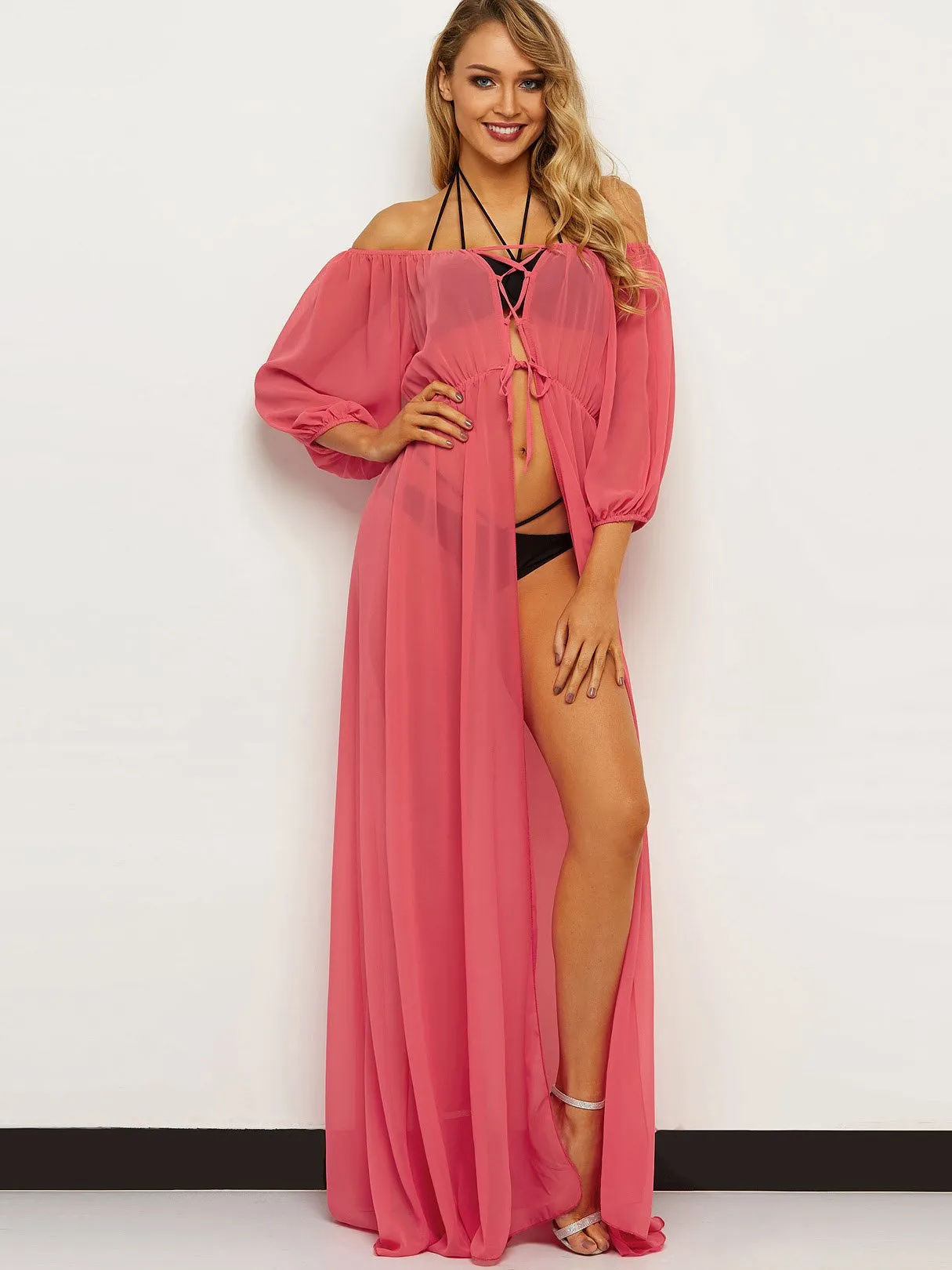 Wholesale Off The Shoulder Long Sleeve Plain Lace-Up Semi Sheer Beach Dresses