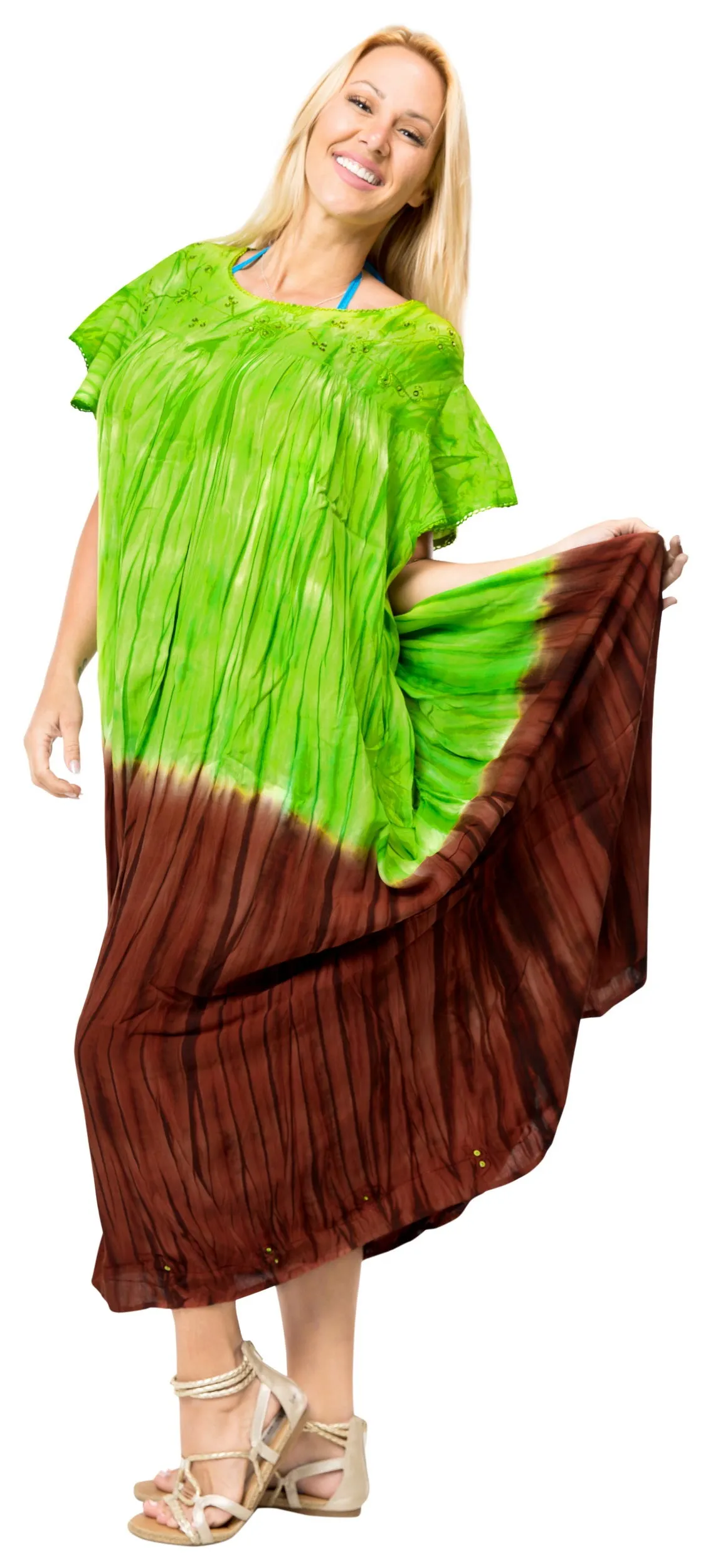 Women's Caftan Cover up Rayon Long Beach MAXI DRESS Cover Up Hand Tie Dye Green