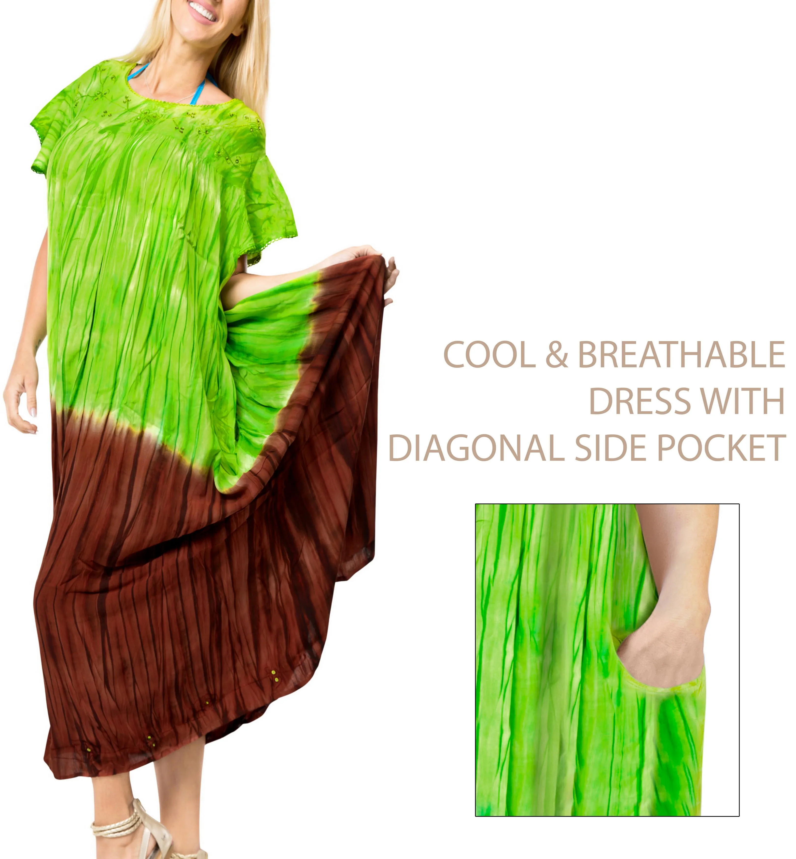 Women's Caftan Cover up Rayon Long Beach MAXI DRESS Cover Up Hand Tie Dye Green