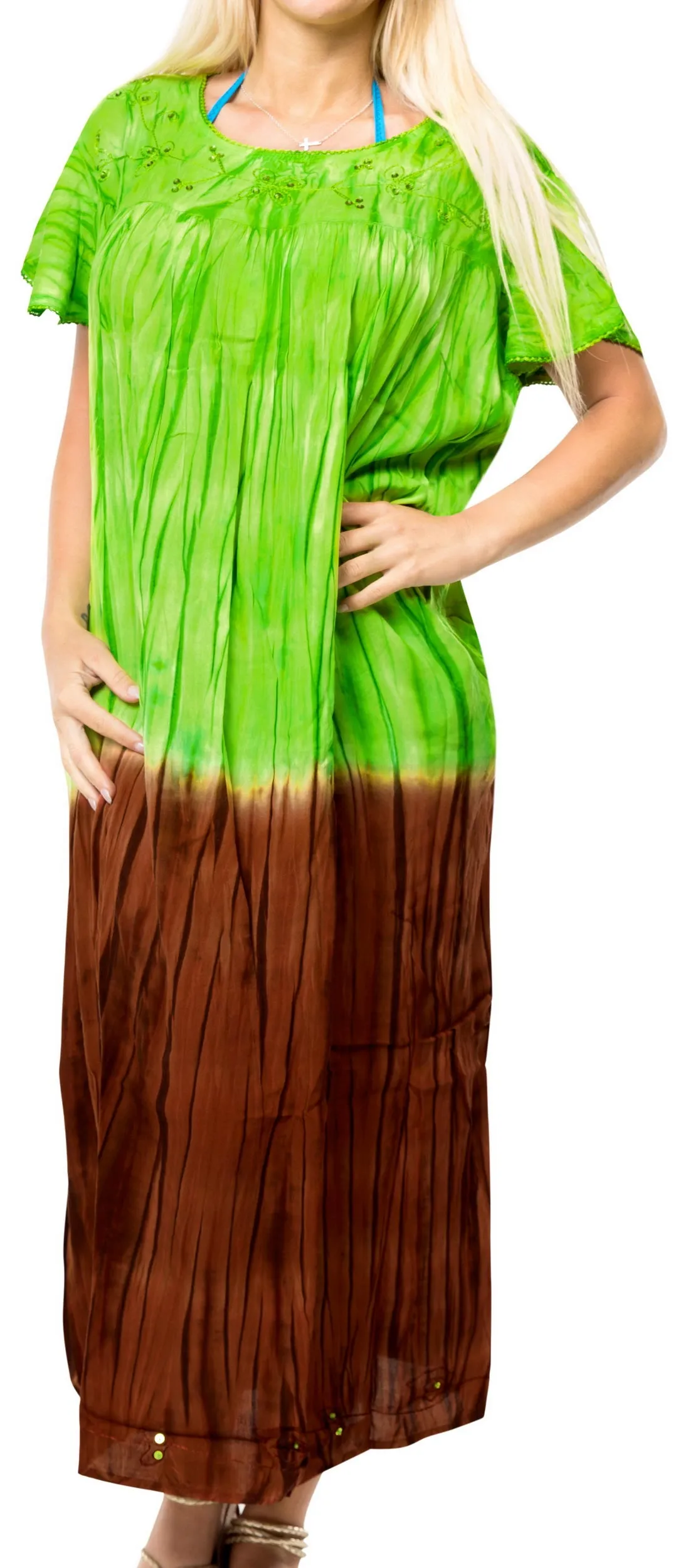 Women's Caftan Cover up Rayon Long Beach MAXI DRESS Cover Up Hand Tie Dye Green